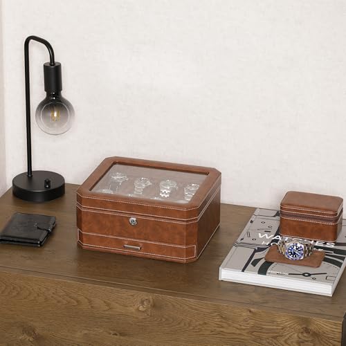 ROTHWELL 8 Slot Leather Watch Box with Valet Drawer - Luxury Case Display Jewelry Organizer, Locking Display Case Holder, Real Glass Top - Watch Box Organizer for Men & Women (Tan/Brown) - color: 8 Slot - Tan/Brown