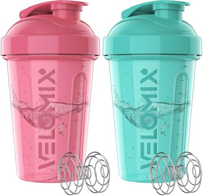 VELOMIX -2 Pack- 20 oz Protein Shaker Bottles for Protein Mixes - 2x Wire Whisk | Leak Proof Shaker Cups for Protein Shakes and Pre Workout | Protein Shaker Bottle Pack (A4) Pink/Turquoise - color: A4) Pink / Turquoise