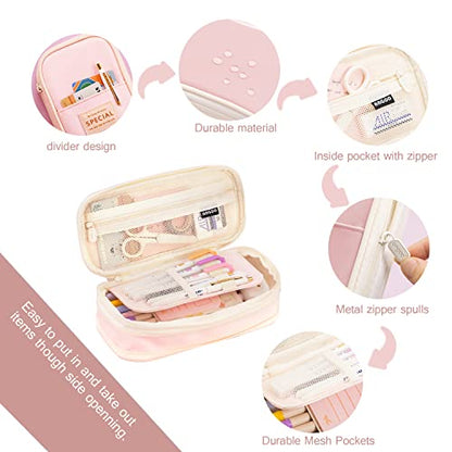 MAMUNU Expandable Pencil case with compartments, Large Capacity Pencil Cases Pencil Bag Pouch Office School, Portable Pencil Case Large School Stationery Organizer, Makeup Cosmetic Bag, Pink - color: Pink