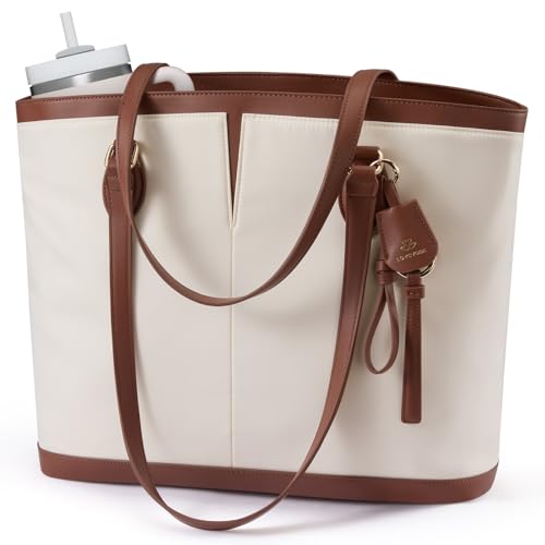 LOVEVOOK Laptop Tote Bag for Women, Lightweight Work Tote with Cup Holder, Waterproof Large Computer Bag for Office Travel - color: Off-white Black, size: 15.6Inch
