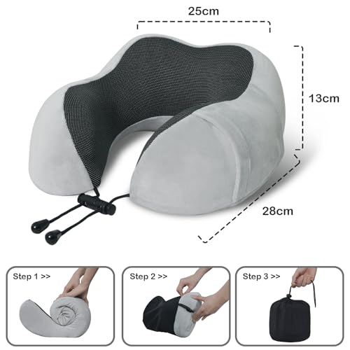 Travel Pillow, Memory Foam Neck Pillow for Traveling, U Shape Neck Pillow Airplane Portable Flight Pillow Travel Kit with 5D Contoured Eye Masks and Earplug for Plane Train Car Home Office - color: Grey