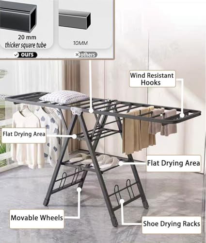 Mimiblack Clothes Drying Rack Foldable, 3-Level Large Clothes Airer Drying Rack, Heavy Duty Metal Laundry Dryer Stand with Wheels for Clothing & Bedding, Indoor & Outdoor Use, 70.8" L×17.7" W, Gray