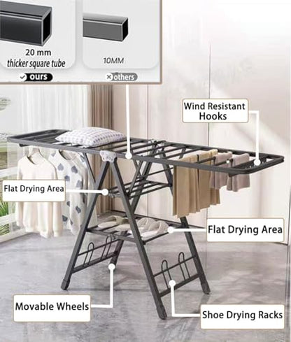 Mimiblack Clothes Drying Rack Foldable, 3-Level Large Clothes Airer Drying Rack, Heavy Duty Metal Laundry Dryer Stand with Wheels for Clothing & Bedding, Indoor & Outdoor Use, 70.8" L×17.7" W, Gray