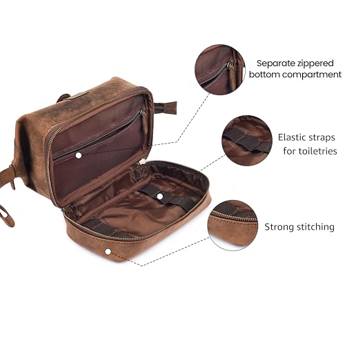 LEATHER VILLAGE Genuine Leather Dopp Kit – Large Travel Toiletry Bag with Waterproof Lining, Dual-Zip Design for Men & Women, Organizer for Shaving, Makeup & Essentials - Rustic Brown - color: Rustic Brown