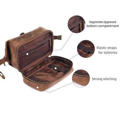 LEATHER VILLAGE Genuine Leather Dopp Kit – Large Travel Toiletry Bag with Waterproof Lining, Dual-Zip Design for Men & Women, Organizer for Shaving, Makeup & Essentials - Rustic Brown - color: Rustic Brown