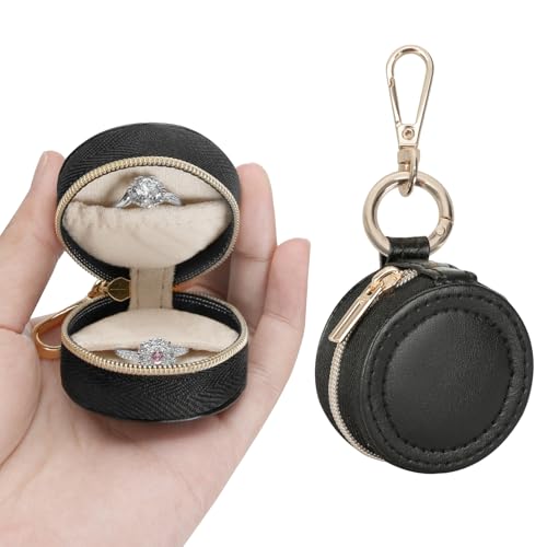 KUKUVR Jewelry Ring Holder Box with Keychain, Portable Gym Jewelry Storage Box Case, Small Travel Ring Earring Stud Necklace Storage Case (Black) - color: Black
