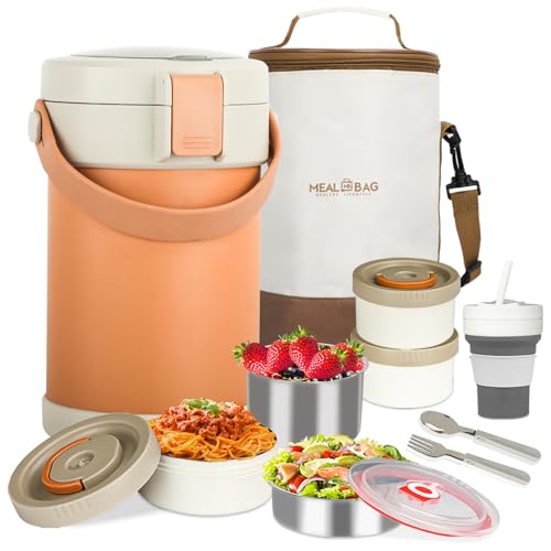 67oz/2L Thermo for Hot Food, 304 Stainless Steel Vacuum Insulated Soup Thermo, Leak-Proof Thermal Lunch Box with 3 Stackable Bento Boxes for Adults Office Travel Camping, Large thermo for hot food - color: orange