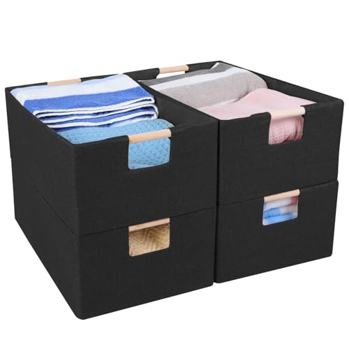 ANMINY 4PCS Large Closet Storage Baskets for Shelves, 15 x 10.6 Inch Collapsible Fabric Storage Bins with Wood Handles Cloth Shelves Organizer Bins Decorative Fabric Baskets - Medium, Black - color: Black, size: Medium (Pack of 4)
