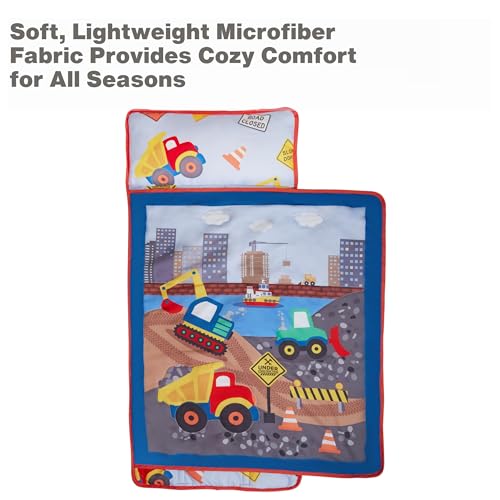 EVERYDAY KIDS Toddler Nap Mat with Removable Pillow -Under Construction- Carry Handle with Fastening Straps Closure, Rollup Design, Soft Microfiber for Preschool, Daycare, Sleeping Bag -Ages 2-6 years - color: Under Construction