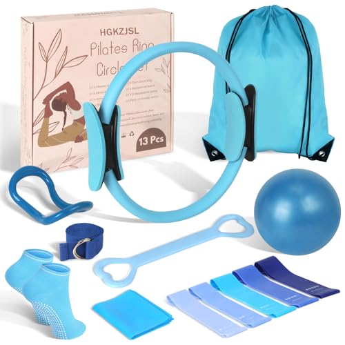 Pilates Kit for Women 13PCS, Pilates Ring and Ball Set with Magic Circle, Resistance Bands Set, Figure 8 Band, Yoga Ring & Grip Socks, Home Workout Equipment Essentials Starter Kit for Beginners - color: Blue