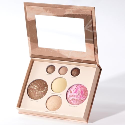 Baked Face and Eye Makeup Palette with Bronzer, Blush, 2 Highlighters & 3 Eyeshadows, Smooth Blendable Powder, Neutral Shades, Travel Compact Gift Set for Women