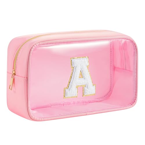 Personalized Initial Clear Makeup Bag Cosmetic Bags Travel Toiletry Bag Essentials Emergency Pouch Gifts for Girls Girlfriend Kids Birthday Graduation Teacher (Pink A) - style: A