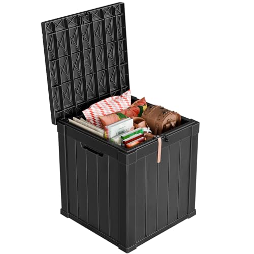 51 Gallon Outdoor Deck Box, Lockable Waterproof Outdoor Storage Boxes For Garden Tools,Indoor Cushions,Accessories Outside Storage Resin Weatherproof Container(Black) - color: Black, size: 51 Gallon