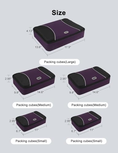 GOX Ultra Light 5 piece Packing Cubes Travel Luggage Organizer 1 Large 2 Medium 2 Small - color: Purple