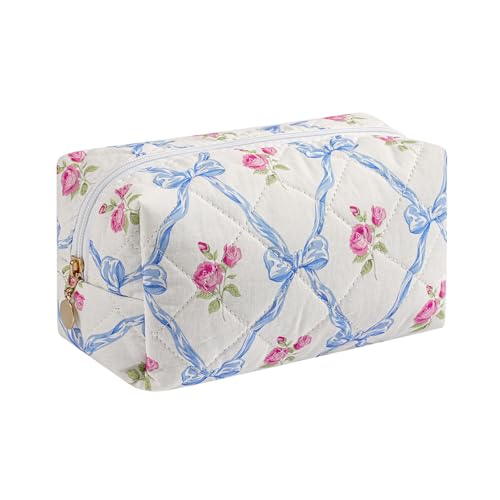 Gleyemor Small Quilted Makeup Bag for Women, Cute Floral Bow Cosmetic Bag, Emergency Bag Travel Toiletry Cotton Pouch Gifts for Girls Her Mom Friend Sister Bridesmaid (Blue Bowknot&Rose) - color: Blue Bowknot&Rose
