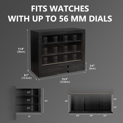 AUTOARK Wooden Watch Sunglass Display Case,12 Watch Box with Jewelry Drawer,Watch Eyeglass Holder with Window,Vertical Storage,Gift Idea,Black,AW-184 - color: Black