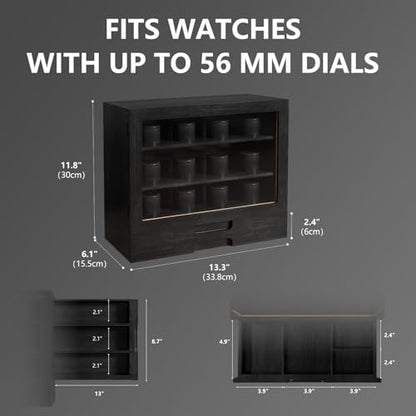 AUTOARK Wooden Watch Sunglass Display Case,12 Watch Box with Jewelry Drawer,Watch Eyeglass Holder with Window,Vertical Storage,Gift Idea,Black,AW-184 - color: Black