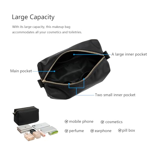 Organizer Bag Lightweight Cosmetic Bag with Ring Clasp Perfect Travel Makeup Bag for Women nylon Stand Up Design (Black/Nylon) - color: Black-nylon