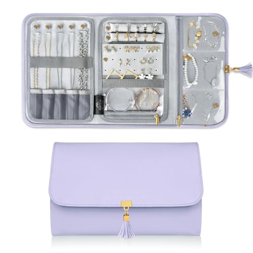 MATEIN Jewelry Organizer for Travel, Womens PU Leather Large Jewerly Holder with Tassel, Travel Necklace Earring Ring Bracelet Storage Case, Purple - color: Purple