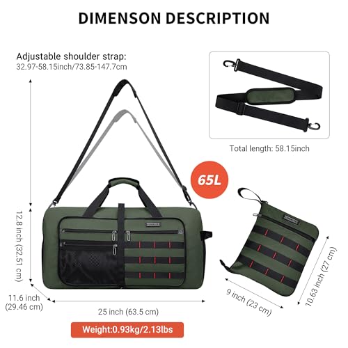 WITZMAN Foldable Duffle Bag for Travel 65L Lightweight Packable Duffel Bag with Shoes Compartment Overnight Bag for Men Women (B697 Army Green） - color: Army Green