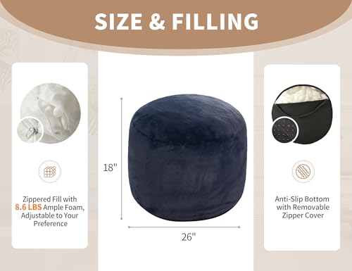 WSOFRLAC Boho Ottoman Living Room Furniture 26"x18" Round Ottomans Pouf Couch Foot Rest Navy Pouf Ottoman Foot Rest with Foam Chunk Filling Pouffe Ottomans Stuffed Foot Rests Poufs for Couch - color: Navy, size: 26"D x 26"W x 18"H