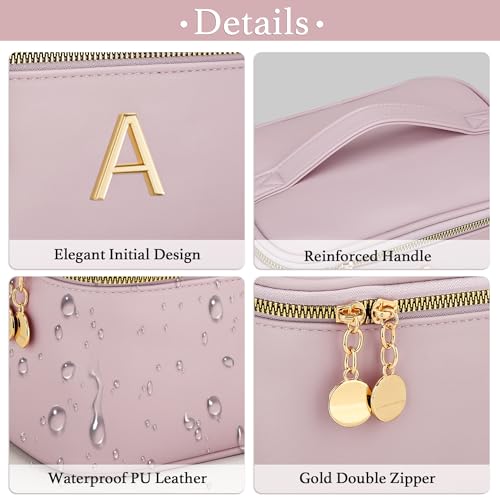 Personalized Initial Makeup Bag Gifts for Women, Large Travel Cosmetic Organizer with Handle & Divider, PU Leather Toiletry Bag for Girls, Birthday Bridesmaid Gift Set - Pink - A - color: Pink, style: A