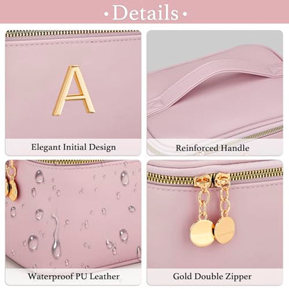 Personalized Initial Makeup Bag Gifts for Women, Large Travel Cosmetic Organizer with Handle & Divider, PU Leather Toiletry Bag for Girls, Birthday Bridesmaid Gift Set - Pink - A - color: Pink, style: A