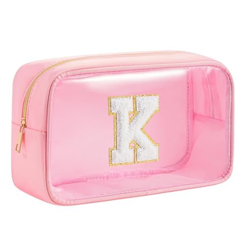 Personalized Initial Clear Makeup Bag Cosmetic Bags Travel Toiletry Bag Essentials Emergency Pouch Gifts for Girls Girlfriend Kids Birthday Graduation Teacher (Pink K) - style: K