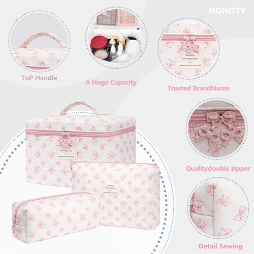 honitty Makeup Bag,Quilted Cosmetic Bags,Large Floral Make Up Organize bag,Makeup Bag Set for Women,Flower Travel Toiletry Bag - color: Bow-2