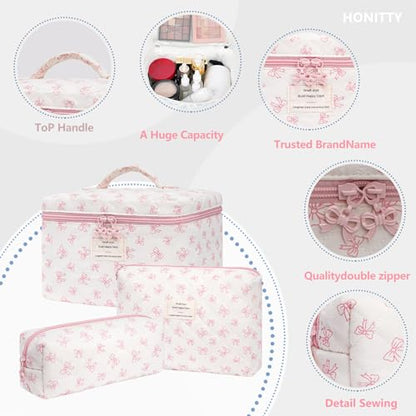 honitty Makeup Bag,Quilted Cosmetic Bags,Large Floral Make Up Organize bag,Makeup Bag Set for Women,Flower Travel Toiletry Bag - color: Bow-2