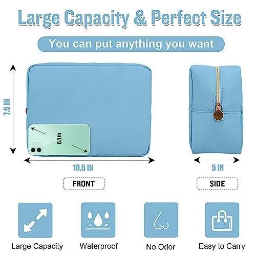 Nylon Large Makeup Bag Travel Cosmetic Bag Pouch, Preppy Big Makeup Bag Cute Cosmetic Zipper Pouch Purse, Waterproof Toiletry Bag Clutch Make Up Organizer Travel Essentials for Women Men Girls(Blue) - color: Blue, size: Large