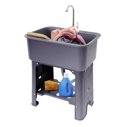 Utility Sink Laundry Tub Freestanding Utility Sink with Faucet & Washboard & Inlet+Drain Pipe Laundry Sink with Storage Shelf Outdoor Sink for Laundry Room, Basement, Garage - color: Gray, 23.6 x 15.7 x 30.1in