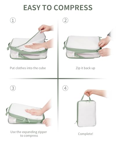 ECOHUB 6 Set Compression Packing Cubes, Lightweight Vacation Travel Essentials, Durable Travel Accessories for Suitcase Carry On Luggage Organizer Bags Set with YKK Zippers Shoe Bag, Green - color: Green