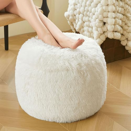 XeGe Fluffy Faux Fur Inflatable Pouf Ottoman, Soft Portable Shaggy Fuzzy Foot Stool Ivory, Plush Furry Foot Rest Floor Pouf Anti-Slip, Round Ottoman Cushion Living Room Bedroom Patio Dorm, Beige - color: Beige, size: 20"x20"x16"