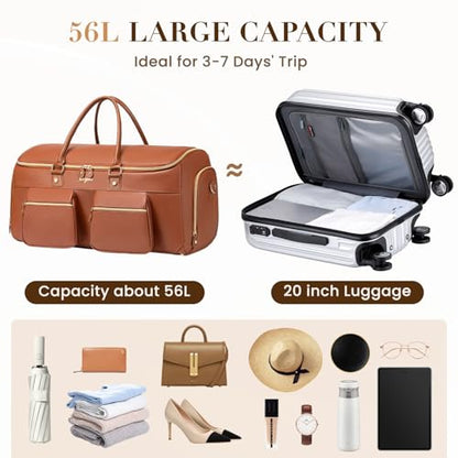 Suit Bag,Vessgra 56L Garment Bags for Travel,2 in 1 Leather Duffle Bags for Men Women, PU Leather Convertible Travel Bag with Shoe Compartment,Work Weekender Bussiness Wedding,Reddish Brown - color: Reddish Brown