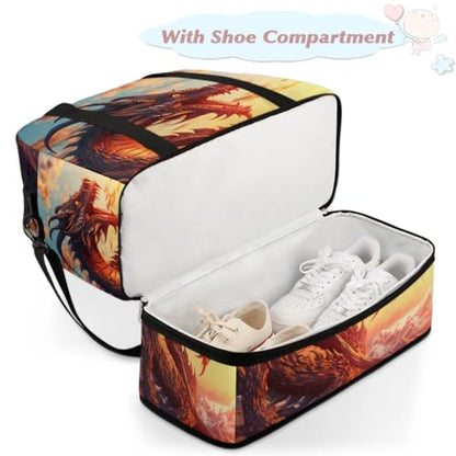 Travel Duffle Bags With Shoes Compartment for Women Men Cartoon Animal Dragon Lightweigh Sports Tote Gym Bag Foldable Canvas Weekender Overnight Carry On Luggage Handle Bag - color: print 10