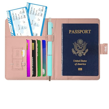 Passport Holder, Travel Wallet Cover with Pen Loop | Cute RFID Blocking Leather Case with Magnetic Closure for Travel Essentials-Pink - color: R-Pink
