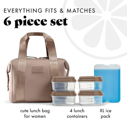 Fit & Fresh Remi Lunch Bag for Women Work – Neoprene Lunch Tote with Containers & Ice Pack, Reusable Meal Prep Lunch Box, Large Capacity, Machine Washable, Taupe - color: Taupe