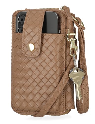 Mundi Jacqui RFID Crossbody Wallet for Women, Vegan Leather Small Travel Handbag with Phone Holder, Compact Organizer with Card Slots and Removable Strap, Vacation Purse in Caramel - color: Caramel
