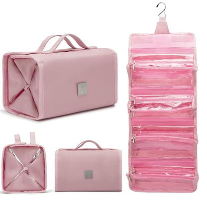 ROYALFAIR Roll Up Makeup Bag, Travel Toiletry Bag for Women with 4 Clear TSA Approved Pouches, Hanging Travel Organizer, Folding Cosmetic Bag for Men and Women - color: pink