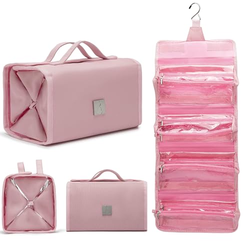 ROYALFAIR Roll Up Makeup Bag, Travel Toiletry Bag for Women with 4 Clear TSA Approved Pouches, Hanging Travel Organizer, Folding Cosmetic Bag for Men and Women - color: pink