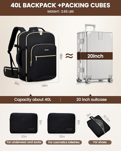 LOVEVOOK 40L Travel Backpack with Waist Strap,Flight Approved Carry on Backpack,Waterproof Personal Item Travel Bag,TSA Carry on Luggage Suitcase Travel Essentials,Gifts for Women & Men,fit 17" Laptop - color: Black-black, size: Large-40L-4Pcs(Waist Strap