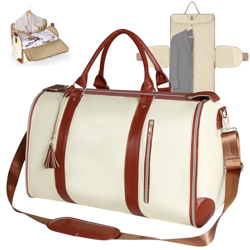 Geestock Garment Duffle Bags for Travel, Convertible Carry On Garment Bag with Shoe Pouch & Shoulder Strap, 2 in 1 Foldable PU Leather Suit Travel Bag for Women & Men, Beige - color: Beige & Brown