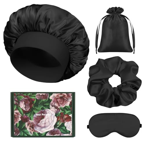 Satin Hair Bonnet Set for Sleeping, Hair Wrap Sleep Bonnets for Women Sleeping, Soft Bonnet for Long Hair, 4 PCS - color: Black