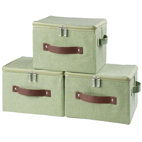 3 Pack Storage Bins with Zipper Lid Fabric Lidded Storage Boxes Baskets Cubes Washable Collapsible PU Leather Handle Cotton Linen Fabric Shelf Closet Organizer Container(Green, Small Size) - color: Green, size: Small ( Set of 3)