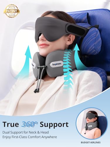 Inspireyes Neck Pillow, Travel Pillow with Seat Strap, 3D Sleep Mask, Dual Support Neck Head, High Supportive Foam Airplane Pillow for Long Flight Road Trip, Stop Bobblehead Travel Essential, Beige - color: Beige