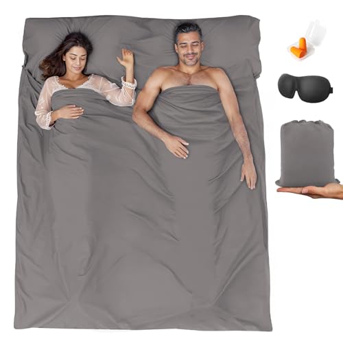 Sleeping Bag Liner,Travel Sheet & Adult Sleep Sack, Camping Sheets Travel Sleep Sack for Backpacking,Hotels & Hostels -Lightweight Single &Double Travel Sheet Camping Sheets - color: Double Gray