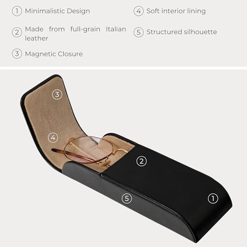 Time Resistance Leather Glasses Case - Hard Shell Leather Glasses Case - Made in Italy - color: Black