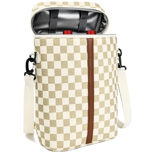Insulated Wine Bag - Wine Bottle Carrier Tote Cooler Bags for Gifts Travel Picnic Beach, Khaki Checkered Pattern - 2 Bottle - color: Khaki Checkered Pattern, size: 2 Bottles