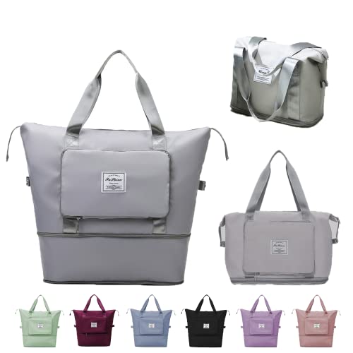 Large Capacity Travel Bag, Expandable Duffel Bag-Water-Resistant Foldable Carry-On with Wet/Dry Compartments | Large Capacity Travel Bag for Gym, Weekends & Overnight Trips (Grey) - color: Grey